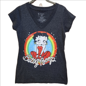 BETTY BOOP GRAPHIC TEE FITTED V NECK GRAY CHARACTER T-SHIRT TOP SIZE XS